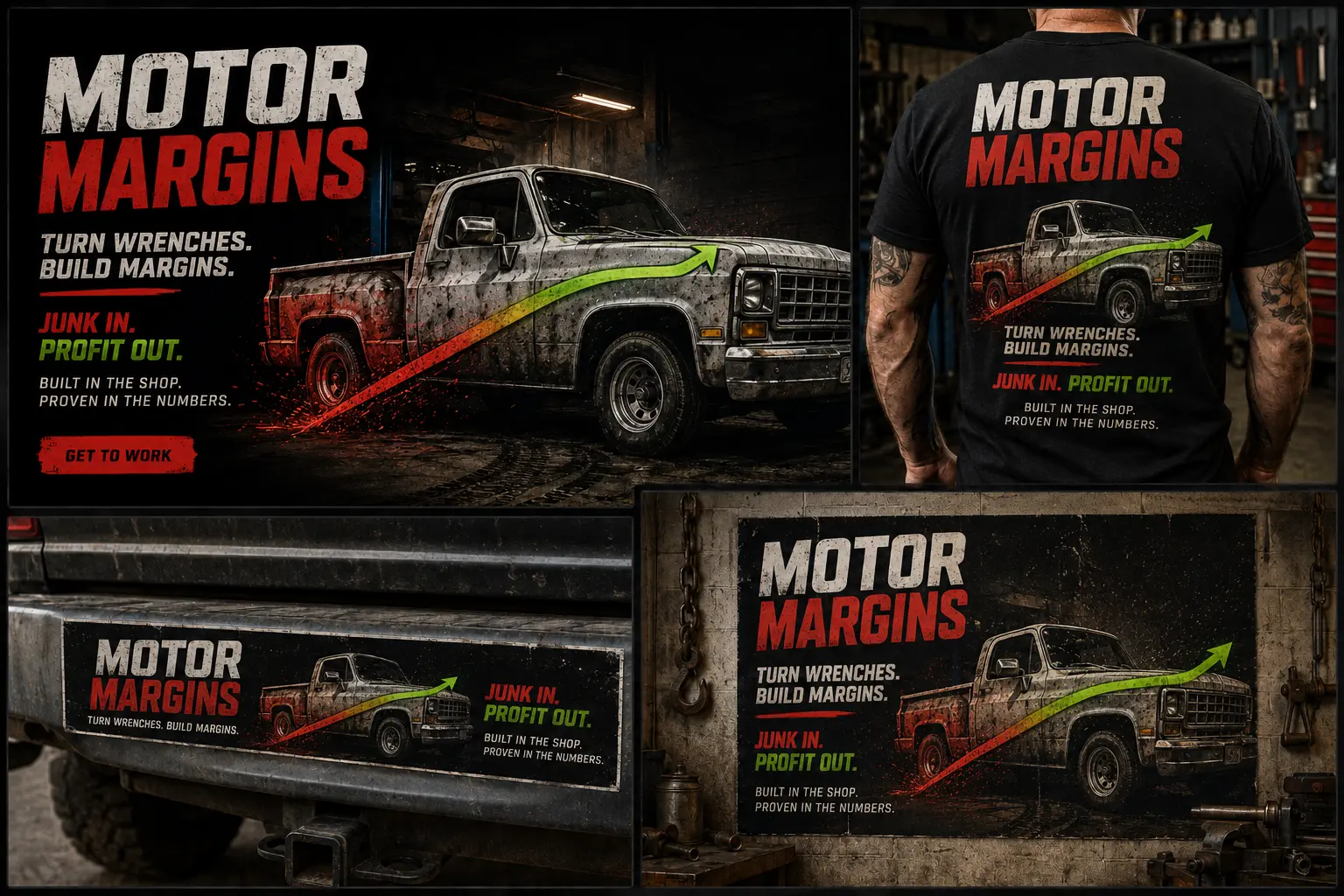 MotorMargins workshop graphic showing an old pickup turning from red junk into green profit